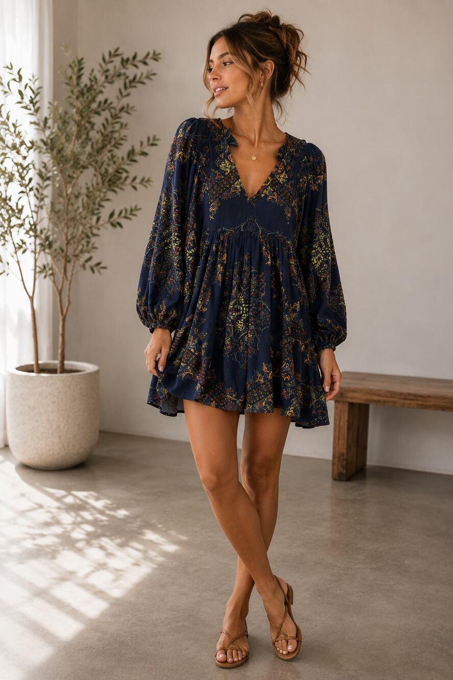 Free People Blue & Green Floral Paisley Balloon Sleeve Tunic Mini Dress XS Boho
